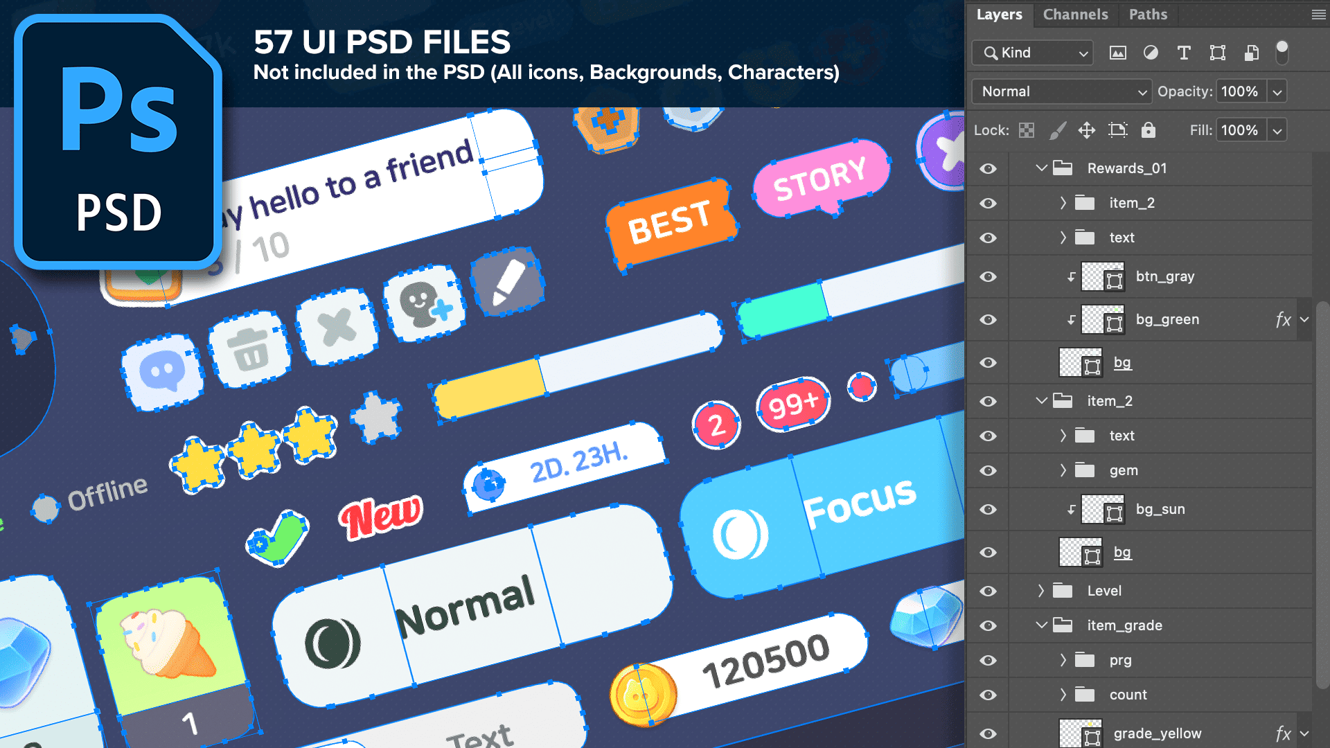Photoshop UI PSD preview showing layered game interface elements like buttons, badges, and progress bars for 2D casual life simulation games, Layerlab, store.layerlab